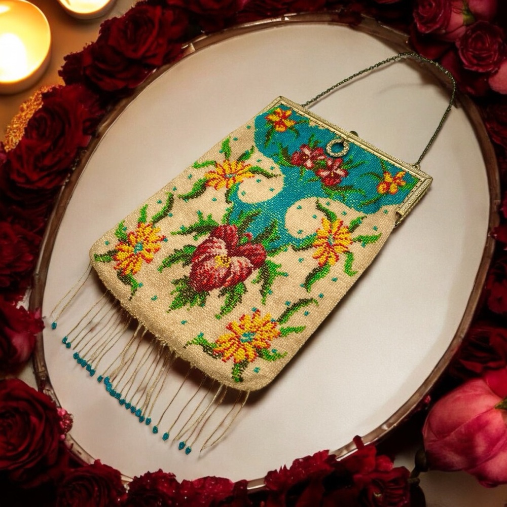 Antique Victorian Hibiscus Orchid Floral Micro Beaded Evening Purse Bag Clutch